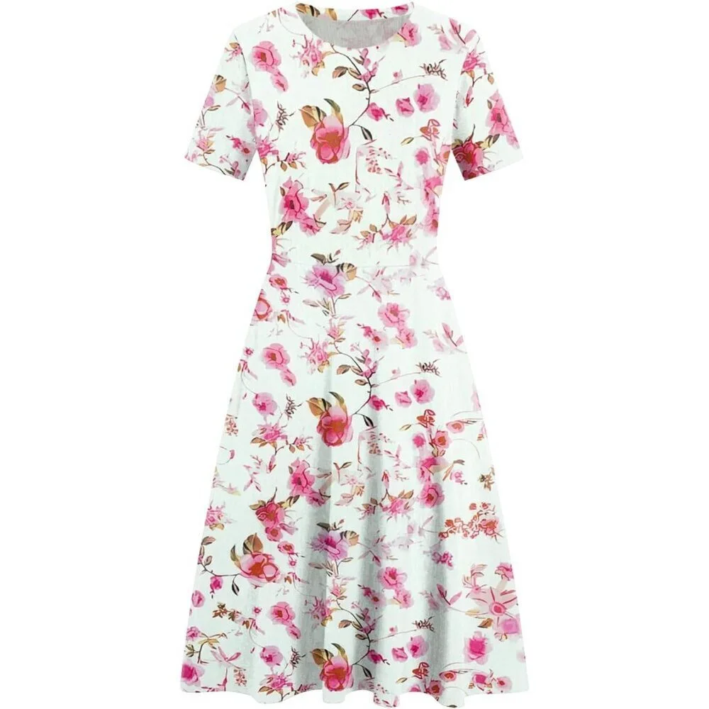 Women's Rose White Elegant Knee Length Vintage A-Line Swing Dress with Pockets